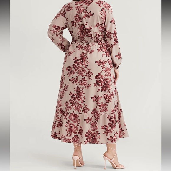 Floral Wrap Lantern Sleeve Pocket Shirred Ruffle Hem Dress - Picture 2 of 4